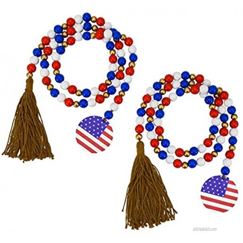 55inch Independence Day Wood Beads Patriotic Wood Bead Garlands July 4th Independence Day with American Flag and Rustic Tassels Farmhouse Wall Hanging Ornaments Prayer Beads and Tassels Tray Decor