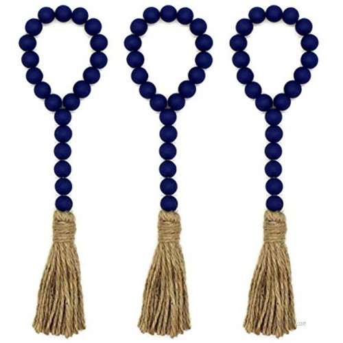 CVHOMEDECO. Wood Beads Garland with Tassels 3 PCS Farmhouse Rustic Wooden Prayer Bead String Wall Hanging Accent for Home Festival Decor. Navy Blue
