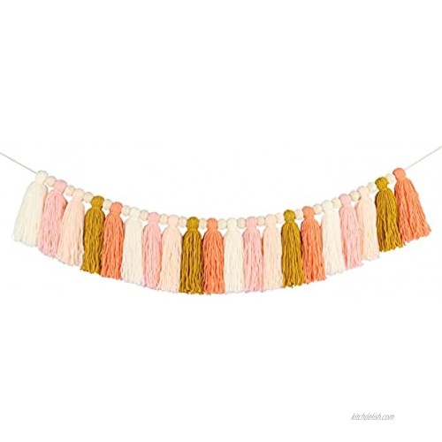 DrCor Pink Rose Gold Tassel Garland with Wood Bead Colorful Rainbow Garland for Nursery Girls Bedroom Wall Classroom Room Birthday Party Baby Shower Decor