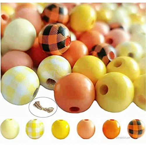 Fall Harvest Beads with Jute Ropes-180pcs Buffalo Plaid Pumpkin Orange Wood Beads,16mm Natural Farmhouse Rustic Polished Smooth Spacer Round Beads for Fall Autumn Garland Thanksgiving Halloween DIY
