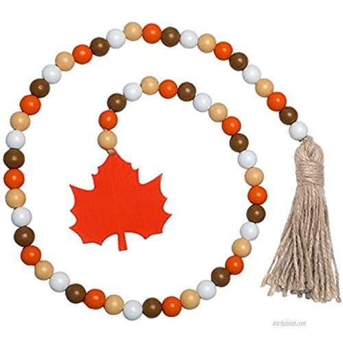 Halloween Wooden Bead Garland Wreath with Tassel Decorated with Maple Leaves and Pumpkin Beads for Halloween Thanksgiving Fall Harvest Party Farmhouse Wall Hanging Decorations Adorable Style