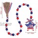 JOTFA 4th of July Wood Bead Garland Decorations Red White and Blue Patriotic Wooden Bead Garland with Jute Rope Tassel USA Flag Star Wooden Sign for 4th of July Independence Day Tiered Tray Décor