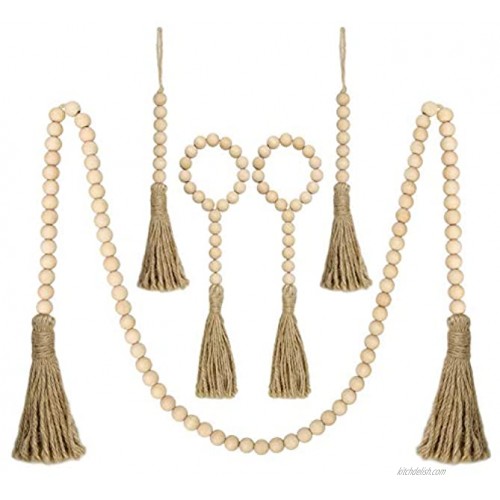 Luxiv Wood Bead Garland 5Pcs Natural Prayer Wood String Beads Wall Hanging for Farmhouse Country Beads Decor with Tassels for Wall Vase Door Handle 5