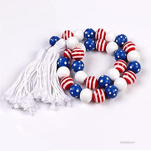 Madanar 4th of July Patriotic Bead Garland Wood & Plastic Farmhouse Decor with Tassel for Tiered Trays Veteran's Day Labor Day Kitchen Wall Hanging Decorations Independence Day