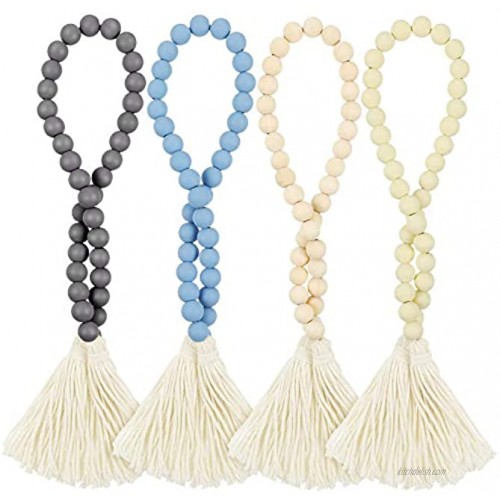 Qunclay 4 Pieces 30 Inch White Beige Gray Blue Classic Wood Beads Tassel Farmhouse Rustic Beads with Rope Tassel Country Hanging Tassel Garland Decorations for Wall Home Decor