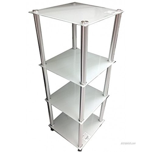 Four Tier White Glass with Silver Poles Tower Shelf
