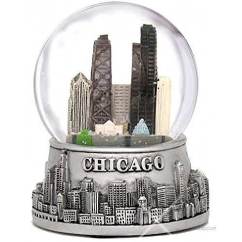 City-Souvenirs 3.5 Inch Chicago Snow Globe Silver Base and Color Inside Glass Globe Chicago Snow Globes with Skyline and Landmarks