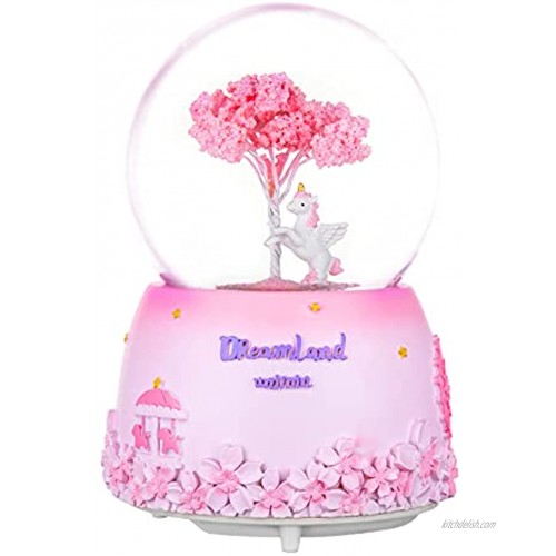 Musical Unicorn Snow Globe for Kids 100mm Resin Glitter Music Box with Multiple Tunes Gift for Girls Cherry Blossom