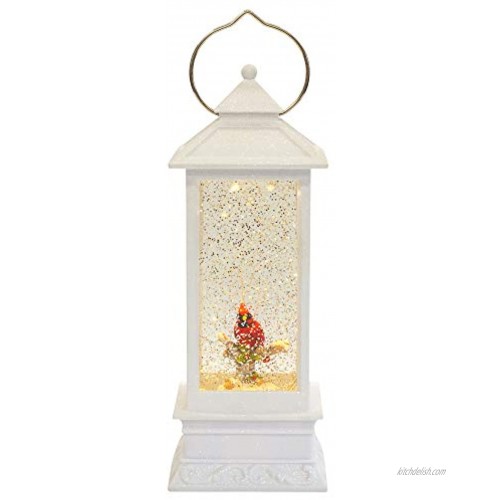 Roman White Lighted With Red Cardinal LED Lantern 11 Inch Acrylic Decorative Tabletop Snow Globe