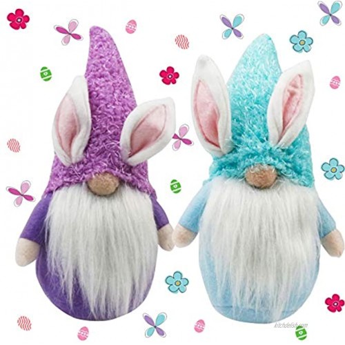 Easter Bunny Gnome Decorations Set of 2 Handmade Tomte Faceless Plush Doll Ornaments Farmhouse Rabbit Figurine Gifts Home Decor for Table Centerpiece Tiered Tray Blue and Purple