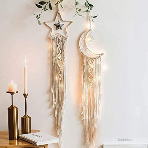 2 Pcs Macrame Moon Star Dream Catcher for Boho Home Decor with LED Lights Baby Room Decor Dreamcatcher Wall Hanging Christmas Decorations Gifts for mom for Women Nursery