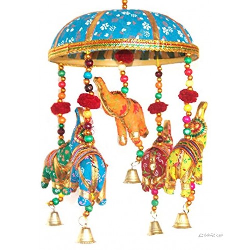Indian Traditional Elephant Turquoise Umbrella Hanging Layer of Five Elephant