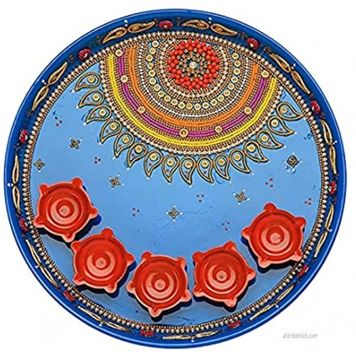 Blue Pooja Thali Plate with 5 aarti Diya Platter Engagement Plate Decorative Steel Puja Thali for Aarti Pooja Rituals Festival Wedding Rakhi Decorations & Gifting Size- 9