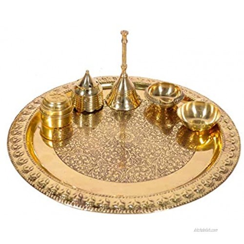 Guruji Divinity Blessings Decor Handmade Brass Puja Thali with Flower Embossed Design Brass Pooja Plate Religious Spiritual Item Home Temple 10.1 Inch