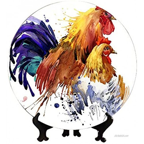 KUneh Watercolor Rooster and Chicken Fashion Print Decorations Plates Decor Plate Home Wobble-Plate with Display Stand Decoration Household Decorative Plate Display