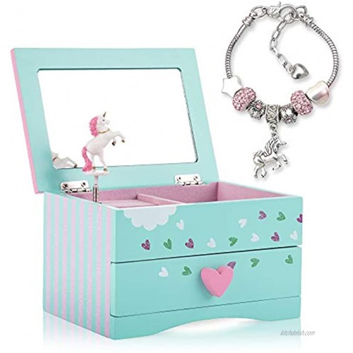 Amitié Lane Unicorn Jewelry Box For Girls Two Unicorn Gifts For Girls Plus Augmented Reality App STEM Toy Unicorn Music Box and Unicorn Charm Bracelet Mint Green