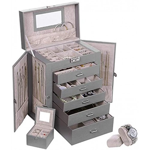 ANWBROAD 6 Tier Huge Jewelry Box Jewelry Organizer Box Display Storage Case Holder with Lock Mirror Girls Jewelry Box for Earrings Rings Necklaces Bracelets Earrings Gift Grey Faux Leather UJJB004H