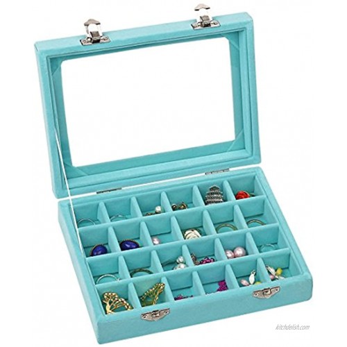 Ivosmart Velvet Glass Jewelry Ring Display Organiser Box Tray Holder Earrings Storage Case Light Blue
