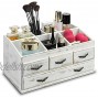 MyGift 7-Compartment Shabby Whitewashed Solid Wood Jewelry Cosmetics Vanity Organizer Rack with 4 Vintage Storage Drawers