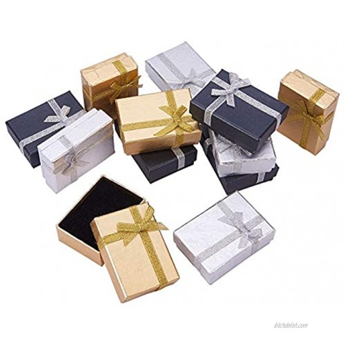 PH PandaHall Jewelry Gift Box Set 12Pcs 2.7x2x1 Inch Cardboard Paper Jewelry Boxes Gift Cases with Ribbon Bowknot for Earring Jewelry Rings Pendant Necklaces Bracelet Packaging Box Golden Silver Black
