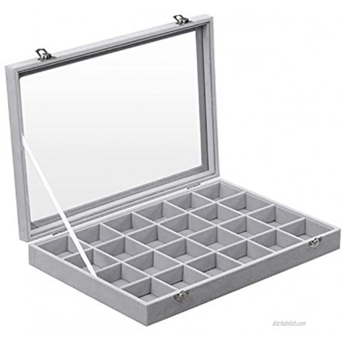 SONGMICS Jewelry Box Display Case with a Clear Glass Window and 24 Compartments Gray
