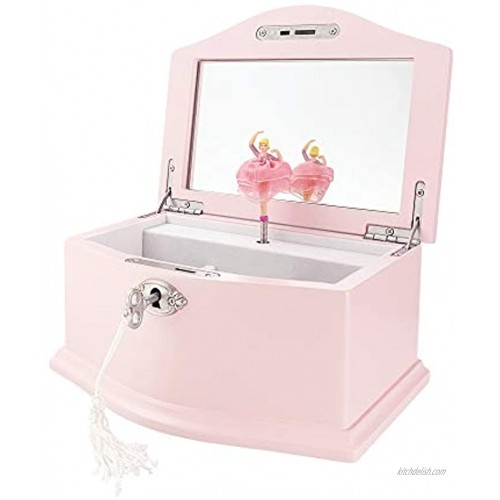 TIMLOG Girls Jewelry Box with Lock 2 Ballerina Wooden Musical Small Jewelry Storage Organizer with Mirror for Girls Pink