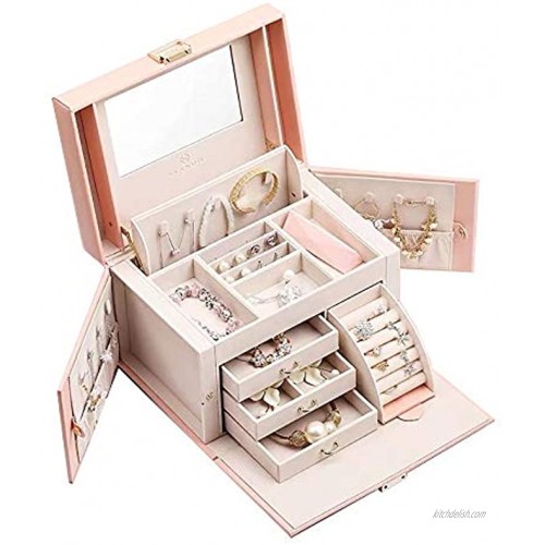Vlando Mirrored Jewelry Box Organizer for Girls Women Vintage Gift Case Faux Leather Jewelries Storage Display Holder Pink
