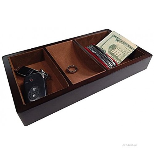 Woltar Wooden Valet Tray with 3 Compartment Leatherette Organizer Box for Wallets Coins Keys and Jewelry