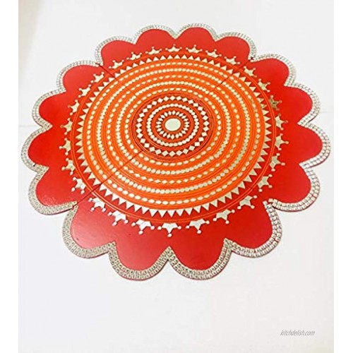 Ethnic Avenue Flower Shaped Floor Table Decoration Indian Rangoli Art Red Orange Colors Mirror Decoration 100% Handmade