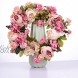 Lvydec Artificial Peony Flower Wreath 15 Pink Flower Door Wreath with Green Leaves Spring Wreath for Front Door Wedding Wall Home Decor