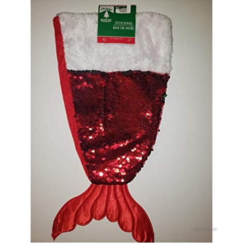 Mermaid Christmas Stocking with Red and Iridescent Scales and White Plush Cuff- 7.5 x 16.5 Inches