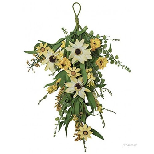 NeoL'artes 15 inch Yellow Daisy and Forsythia Swag Small Wreath Spring Summer Floral Swag for Front Door Farmhouse Decor Swag Wreath Teardrop Swag