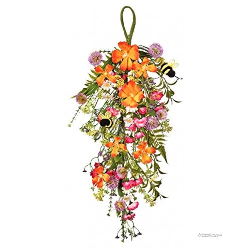 Reg 22 Inch Summer Blooms and Bumble Bee Floral Teardrop Swag Artificial Floral Yellow Pink Orange and White Blossoms