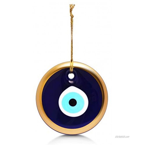 Glass Blue Evil Eye Turkish Nazar Wall Art Home Blessing Wall Decor Amulet 5 Inches Gold Border