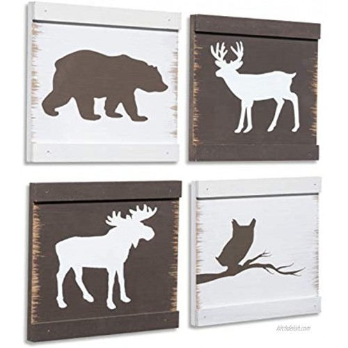 Home Rustique Rustic Cabin Decor Bear Moose Owl and Deer Wooden Wall Decoration Set of 4 White + Brown | Woodland Lodge Decor | Hunting Decor | Cabin Wall Decor