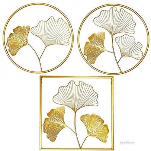 Meekear Gold Wall Decor Set of 3 Golden Ginkgo Leaves Metal Wall Decor with Frame Gold Metal Art Wall Sculpture for Living Room Bedroom Office Study Large