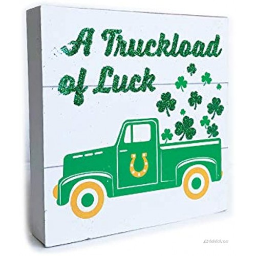 St Patricks Day Decorations for The Home Irish Table Decor Small White Wooden Plank Sign Saint Shamrock Office Desk Room Kitchen Countertop Display Wood Sentiment Words Sayings A Truckload of Luck