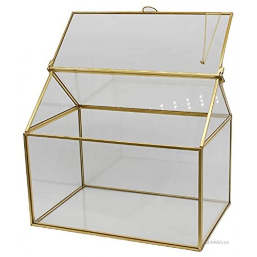 Antique Minimalist Decorative Box Golden Brass Metal Frame Clear Glass with Lids Hinges Decorative Storage Box Display Case for Dried Rose Flowers Gift Keepsakes Card Box Tabletop Home Deco Piece