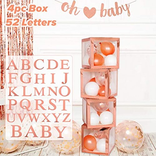 Baby Shower Birthday Decorations Girl – 4pcs Rose Gold Balloon Boxes with A-Z Letters Party Boxes Block for Bride Shower DIY Name Boxes Wedding Supplies Birthday Decoration Boxes
