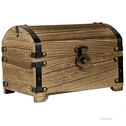 CoreDP Decorative Vintage Wood Treasure Chest 8.3x5.5x5.5 inches with 90 Degree hinged lid Old-Fashioned Design Metal Outline and Buckle [Keepsake Box Jewelry Box Toy Treasure Chest]