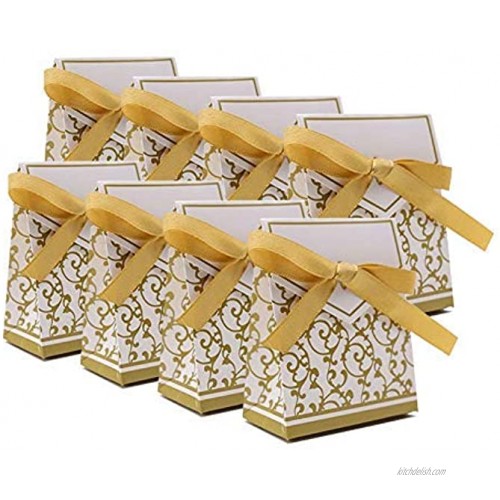 KUPOO 50PCS Candy Boxes,Gold Ribbon Wedding Favor Boxes Candy Bag Cake Box for Wedding Party Decoration Easter gold