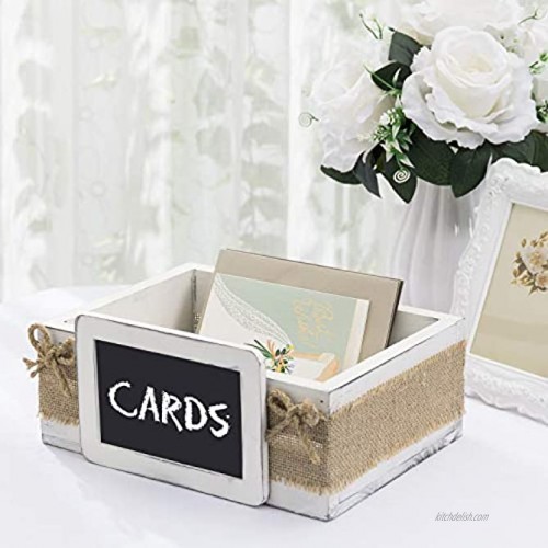 MyGift Vintage White Wood Tabletop Decorative Box Wedding & Birthday Party Guest Gift Cards Crate with Chalkboard Label & Rustic Burlap Wrap