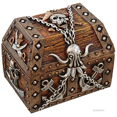 Old River Outdoors Pirate Chest Octopus Skull & Crossbones Trinket Storage Mini Jewelry Box with Anchor Chain Sword and Ship Accents
