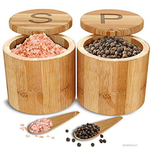 Scavyn Bamboo Salt and Pepper Cellars Spice Containers Magnetic Swivel Lids 2 Wooden Boxes with Spoons Engraved with S and P 3.5 x 3.0 inches