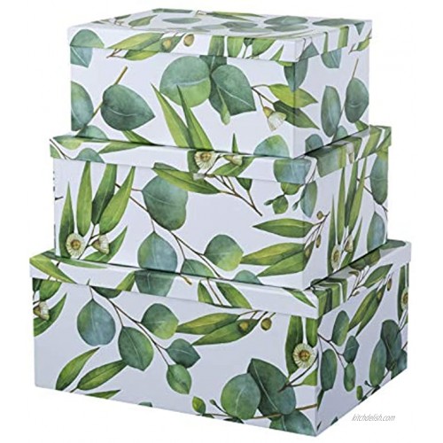 Soul & Lane Decorative Storage Cardboard Boxes with Lids | Sprigs of Green Set of 3 | Botanical Paperboard Nesting Boxes