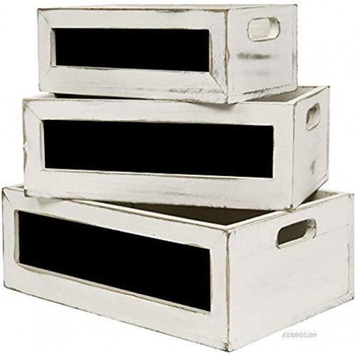 Whitewashed Wood Nesting Storage Crates with Chalkboard and Cutout Handles,Rectangular Vintage Wooden Crates for Storage Set of 3-14.2 13 11.8