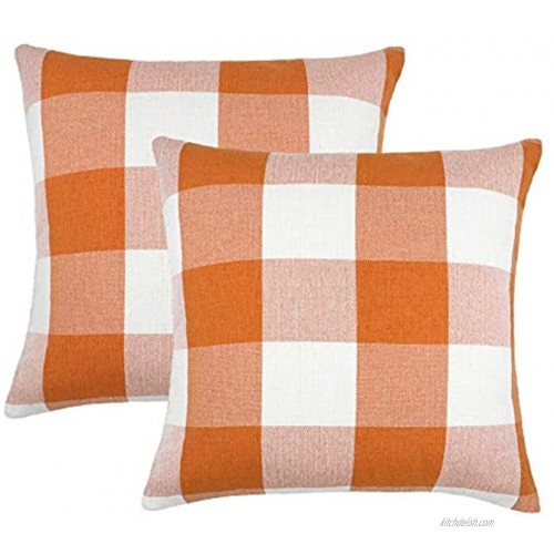 4TH Emotion Set of 2 Farmhouse Buffalo Check Plaid Throw Pillow Covers Cushion Case Polyester Linen for Fall Home Decor Orange and White 18 x 18 Inches