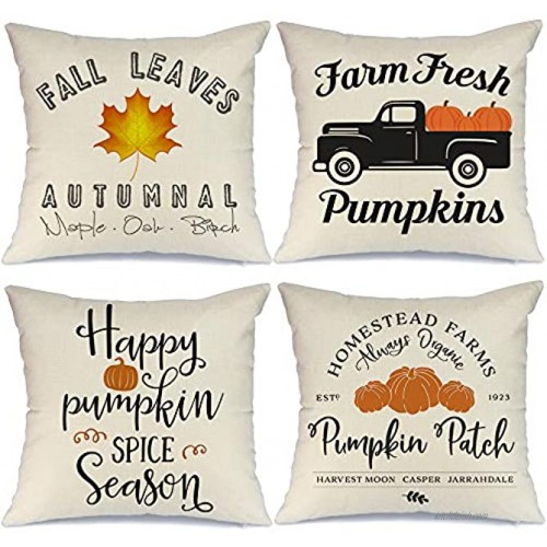 AENEY Fall Decor Pillow Covers 18x18 inch Set of 4 Fall Decorations Truck Pumpkin Patch Leaves Throw Pillows for Fall Thanksgiving Farmhouse Decorative Pillows A249