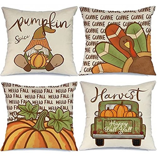 AENEY Fall Decor Pillow Covers 18x18 Set of 4 for Fall Decorations Pumpkin Gnome Truck Turkey Outdoor Fall Pillows Decorative Throw Pillows Farmhouse Thanksgiving Autumn Cushion Case for Couch A398-18