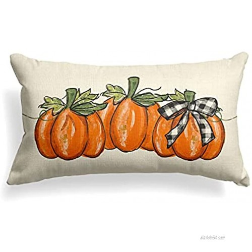 AVOIN colorlife Fall Watercolor Pumpkin Throw Pillow Covers 12 x 20 Inch Buffalo Plaid Check Bow Autumn Cushion Case for Sofa Couch